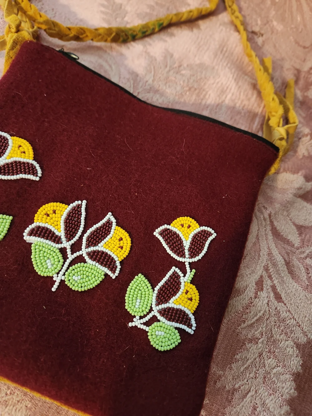 Embroidered Burgundy Crossbody Bag with Yellow Trim